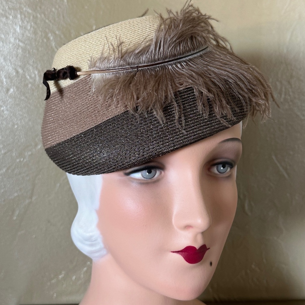 CAPTIVATING 1950s' MULTICOLORED STRAW JULIET CAP with TAN OSTRICH FEATHER
